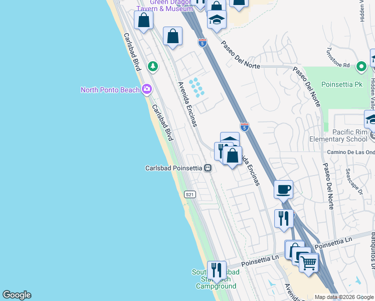 map of restaurants, bars, coffee shops, grocery stores, and more near 6512 Surfside Lane in Carlsbad