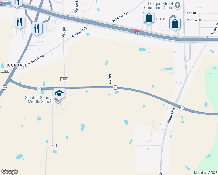 map of restaurants, bars, coffee shops, grocery stores, and more near 749 Texas 11 in Sulphur Springs