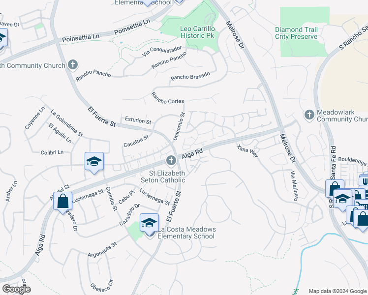 map of restaurants, bars, coffee shops, grocery stores, and more near 6525 Paseo Frontera in Carlsbad