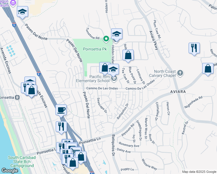 map of restaurants, bars, coffee shops, grocery stores, and more near 1075 Lighthouse Road in Carlsbad