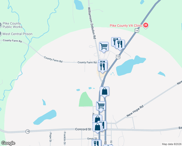 map of restaurants, bars, coffee shops, grocery stores, and more near 127 Williamson Zebulon Road in Williamson