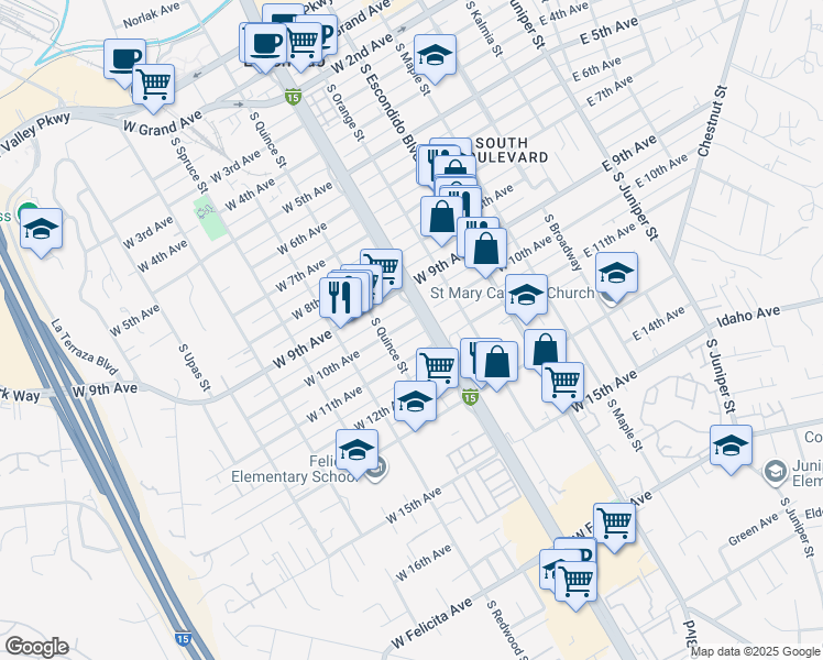 map of restaurants, bars, coffee shops, grocery stores, and more near 521 West 10th Avenue in Escondido