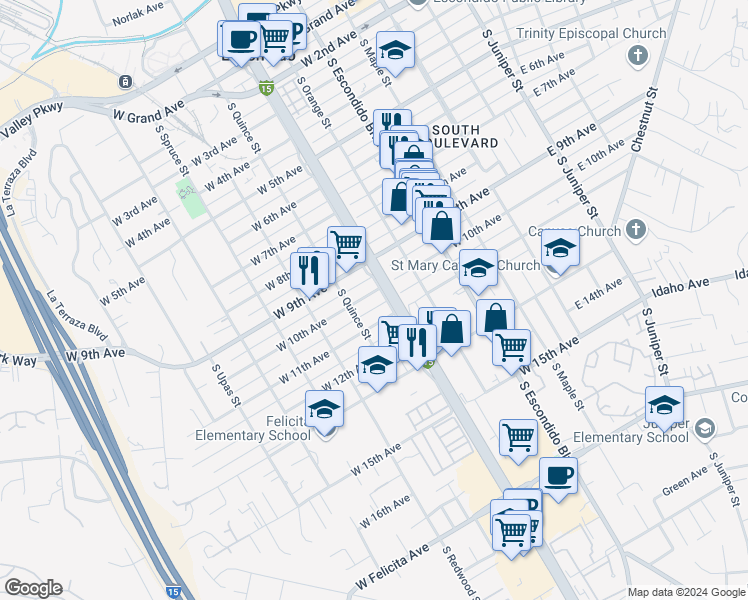 map of restaurants, bars, coffee shops, grocery stores, and more near 521 West 10th Avenue in Escondido