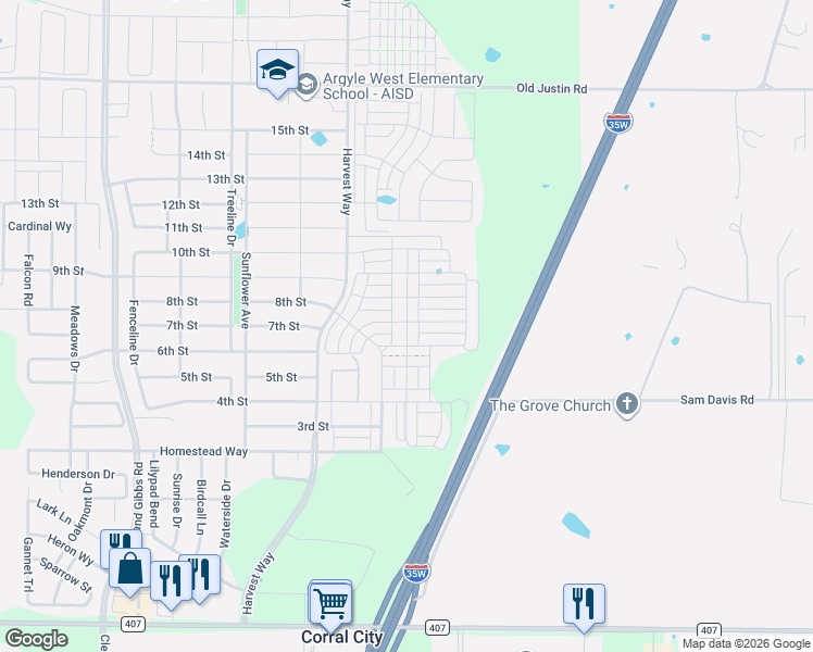 map of restaurants, bars, coffee shops, grocery stores, and more near 933 Parkside Drive in Argyle