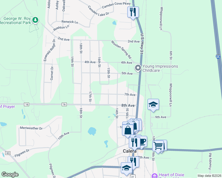 map of restaurants, bars, coffee shops, grocery stores, and more near 645 15th Street in Calera