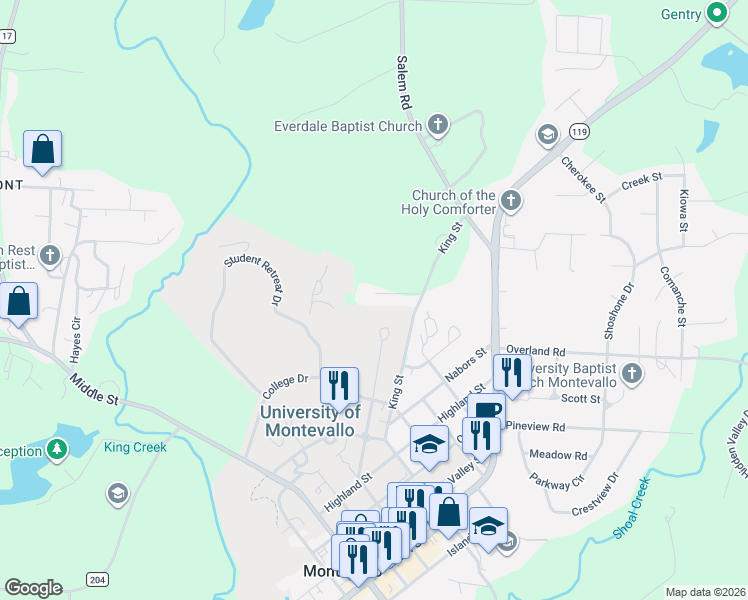 map of restaurants, bars, coffee shops, grocery stores, and more near 250 Cardinal Crest Drive in Montevallo