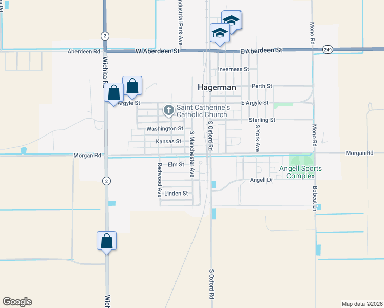map of restaurants, bars, coffee shops, grocery stores, and more near South Manchester Avenue in Hagerman