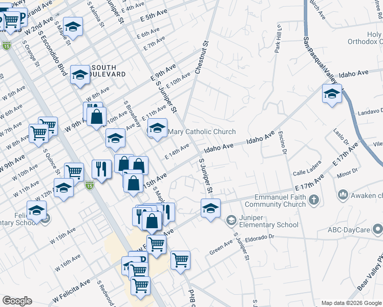 map of restaurants, bars, coffee shops, grocery stores, and more near 1419 South Juniper Street in Escondido