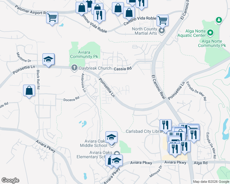 map of restaurants, bars, coffee shops, grocery stores, and more near 6602 Spartina Court in Carlsbad