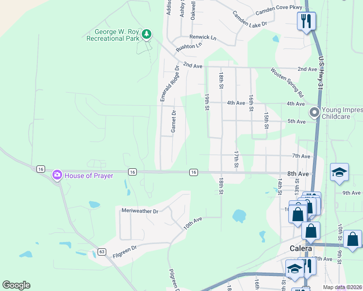 map of restaurants, bars, coffee shops, grocery stores, and more near 1071 Garnet Drive in Calera