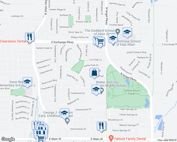 map of restaurants, bars, coffee shops, grocery stores, and more near 1520 Rustic Trail in Allen