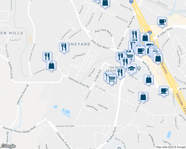 map of restaurants, bars, coffee shops, grocery stores, and more near 1001 South Hale Avenue in Escondido