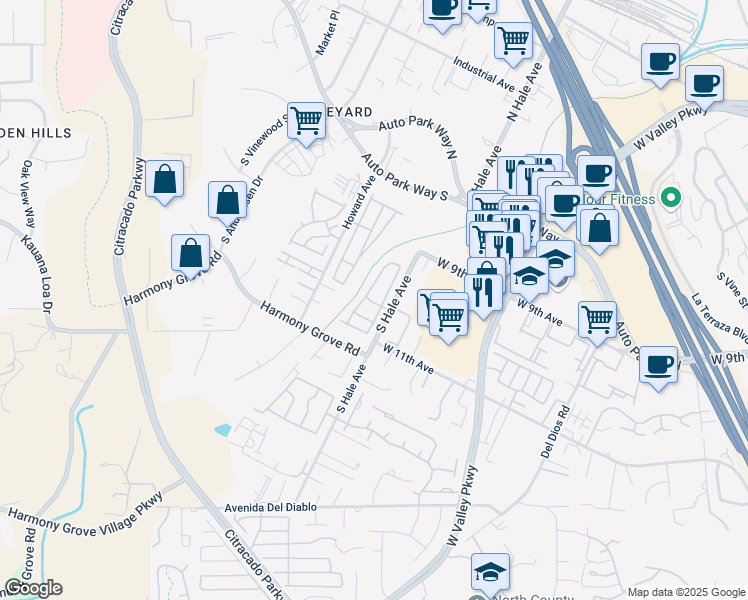 map of restaurants, bars, coffee shops, grocery stores, and more near 1001 South Hale Avenue in Escondido