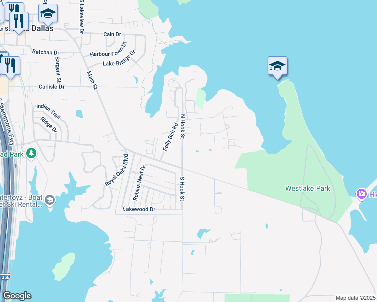 map of restaurants, bars, coffee shops, grocery stores, and more near 120 North Hook Street in Lake Dallas
