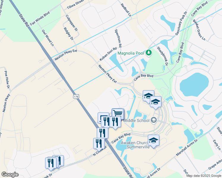 map of restaurants, bars, coffee shops, grocery stores, and more near 139 Sago Court in Summerville