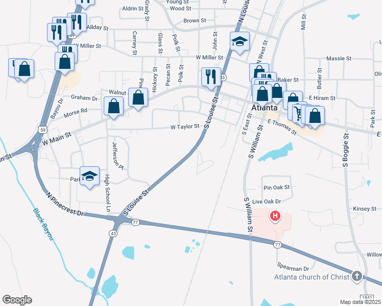 map of restaurants, bars, coffee shops, grocery stores, and more near 401-799 South Louise Street in Atlanta