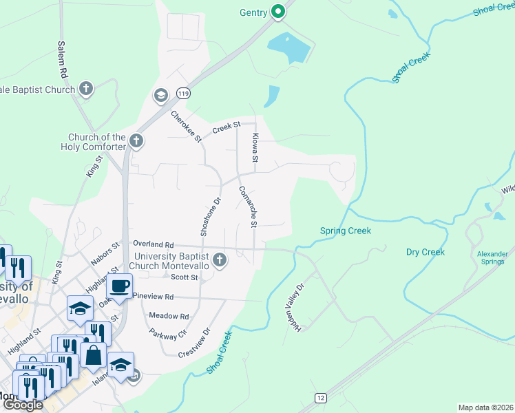 map of restaurants, bars, coffee shops, grocery stores, and more near 120 Posawi Circle in Montevallo
