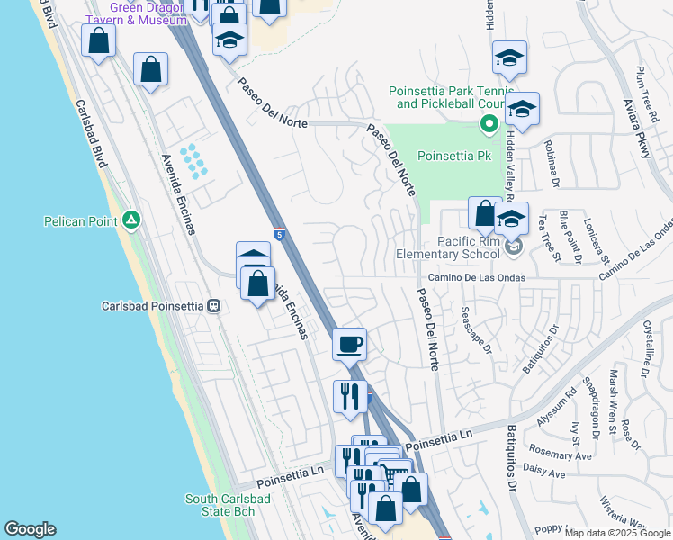 map of restaurants, bars, coffee shops, grocery stores, and more near 6767 Camino Del Prado in Carlsbad