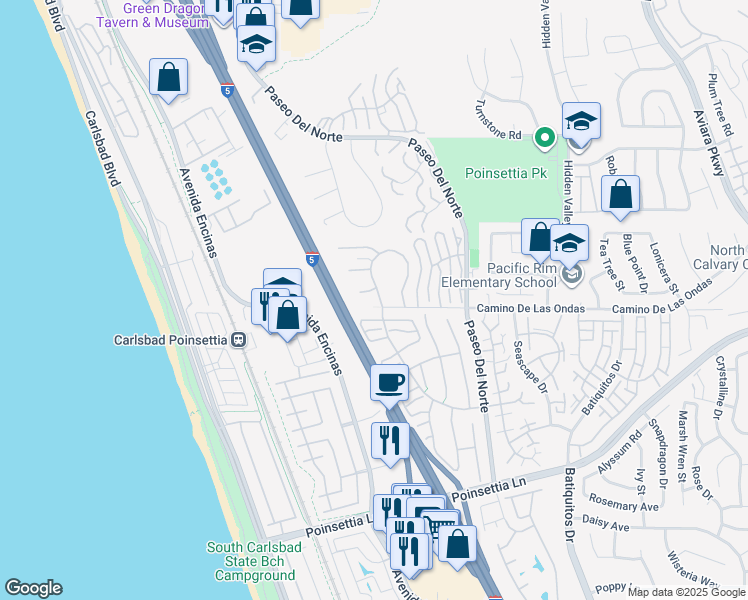 map of restaurants, bars, coffee shops, grocery stores, and more near 6767 Camino Del Prado in Carlsbad