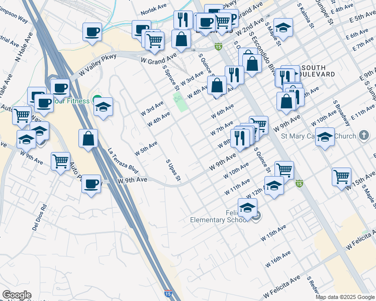 map of restaurants, bars, coffee shops, grocery stores, and more near 663 South Tulip Street in Escondido