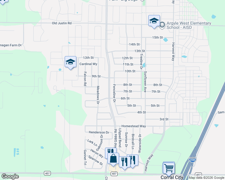 map of restaurants, bars, coffee shops, grocery stores, and more near 717 Fenceline Drive in Argyle