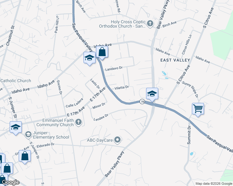 map of restaurants, bars, coffee shops, grocery stores, and more near 1722 San Pasqual Valley Road in Escondido
