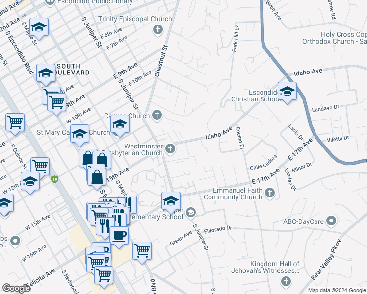 map of restaurants, bars, coffee shops, grocery stores, and more near 407A Idaho Avenue in Escondido
