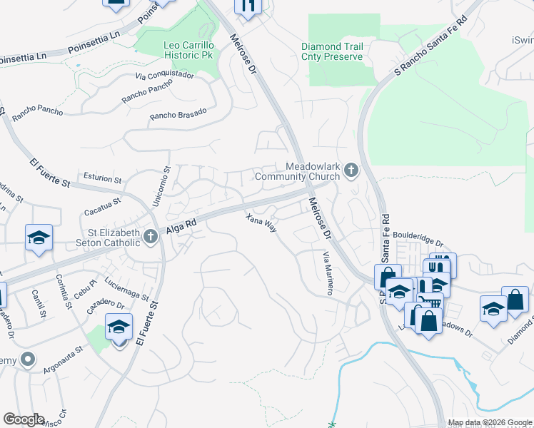 map of restaurants, bars, coffee shops, grocery stores, and more near 3438 Corte Viejo in Carlsbad