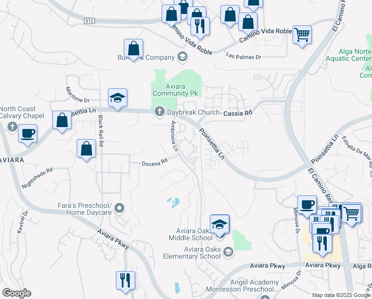 map of restaurants, bars, coffee shops, grocery stores, and more near 6600 Ambrosia Lane in Carlsbad