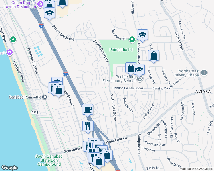 map of restaurants, bars, coffee shops, grocery stores, and more near 6749 Montia Court in Carlsbad