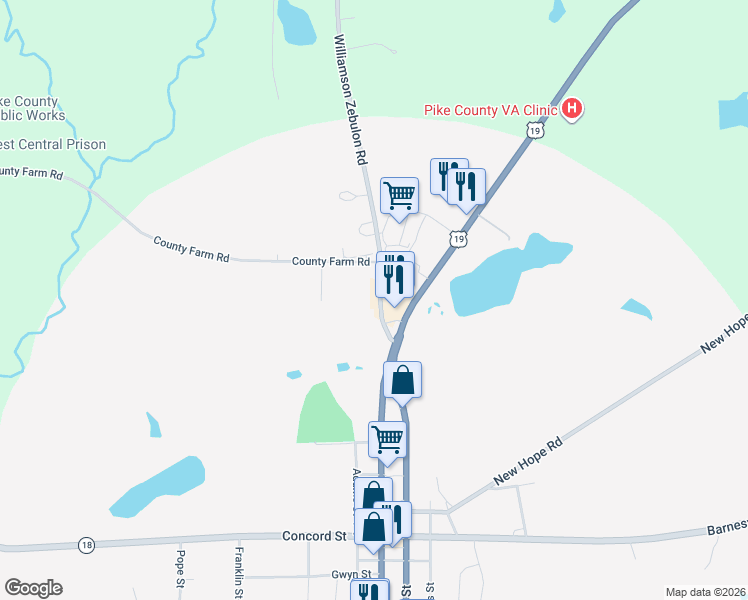 map of restaurants, bars, coffee shops, grocery stores, and more near 127 Williamson Zebulon Road in Williamson