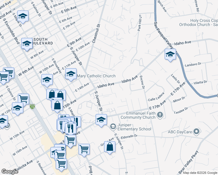 map of restaurants, bars, coffee shops, grocery stores, and more near 407A Idaho Avenue in Escondido
