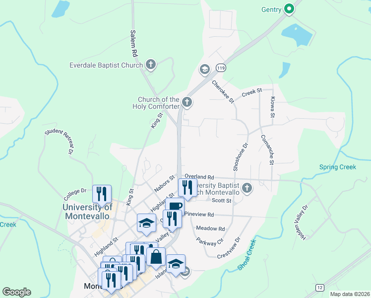 map of restaurants, bars, coffee shops, grocery stores, and more near 1635 Ashville Road in Montevallo