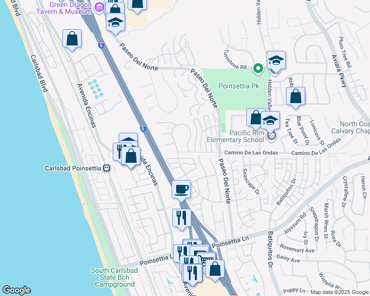 map of restaurants, bars, coffee shops, grocery stores, and more near 6703 Camino Del Prado in Carlsbad