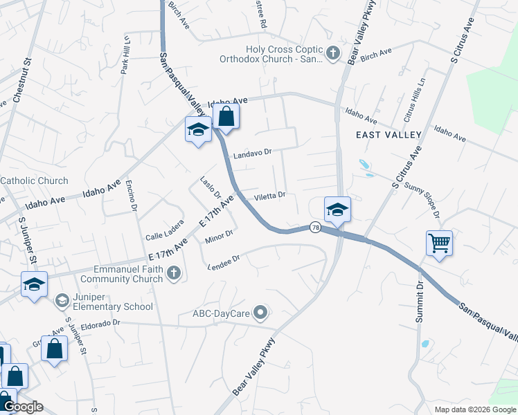 map of restaurants, bars, coffee shops, grocery stores, and more near 1722 San Pasqual Valley Road in Escondido