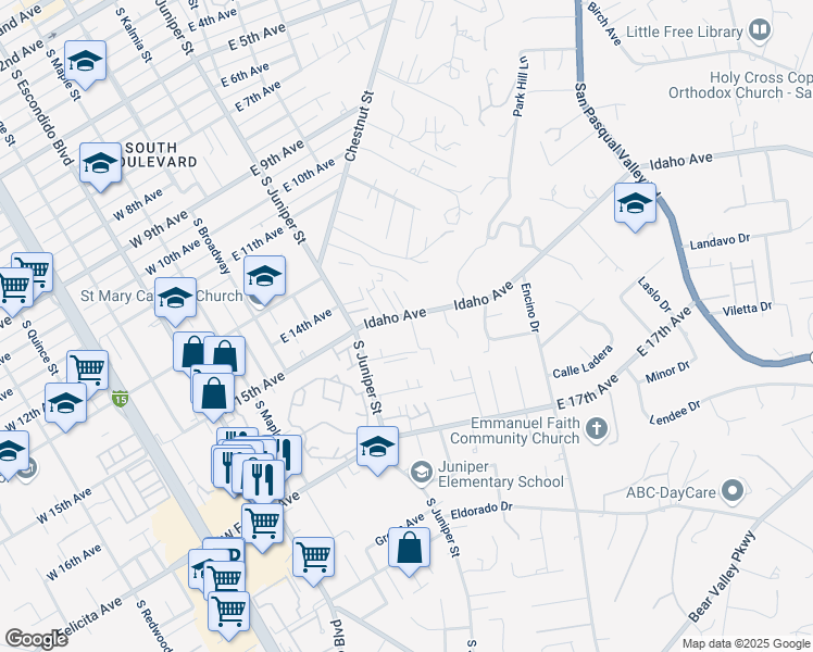 map of restaurants, bars, coffee shops, grocery stores, and more near 407A Idaho Avenue in Escondido