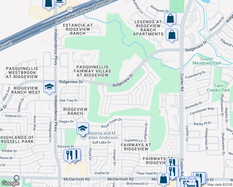map of restaurants, bars, coffee shops, grocery stores, and more near 2609 Royal Birkdale Drive in Plano