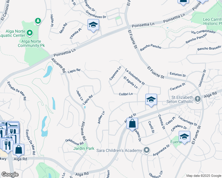 map of restaurants, bars, coffee shops, grocery stores, and more near 6502 La Paloma Street in Carlsbad