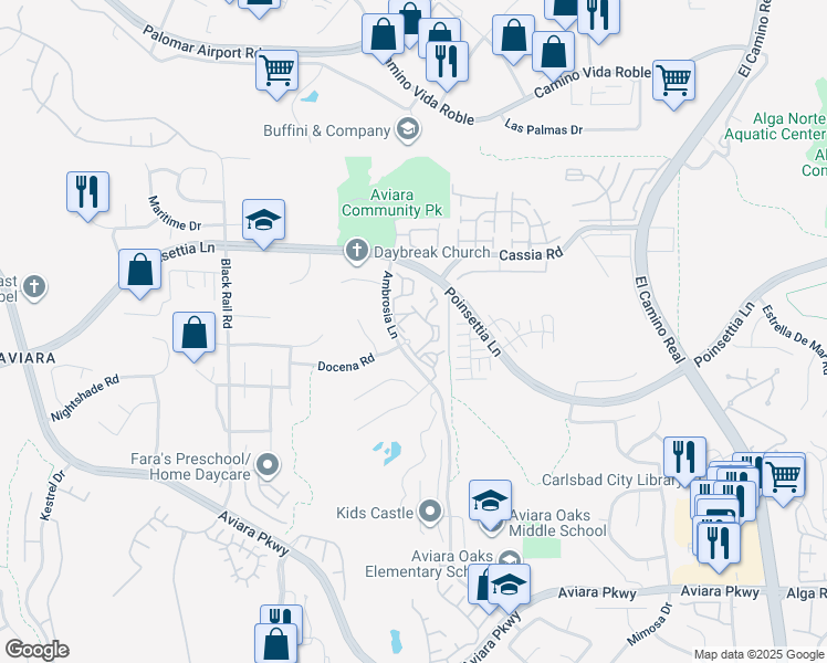 map of restaurants, bars, coffee shops, grocery stores, and more near 6610 Ambrosia Lane in Carlsbad