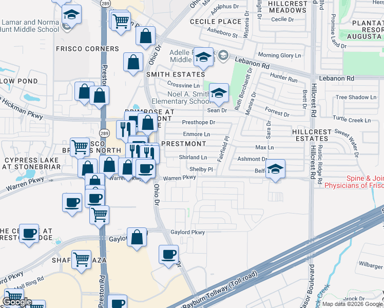 map of restaurants, bars, coffee shops, grocery stores, and more near 9613 Prestmont Place in Frisco