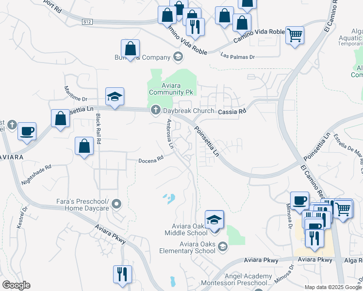 map of restaurants, bars, coffee shops, grocery stores, and more near 6600 Ambrosia Lane in Carlsbad