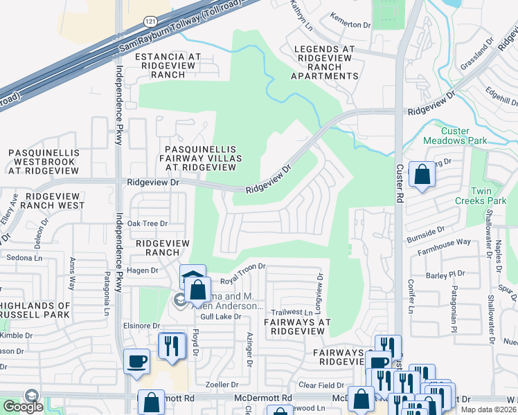 map of restaurants, bars, coffee shops, grocery stores, and more near 2609 Royal Birkdale Drive in Plano