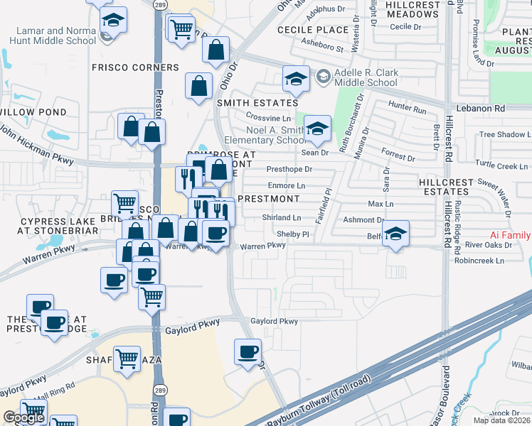 map of restaurants, bars, coffee shops, grocery stores, and more near 9507 Prestmont Place in Frisco
