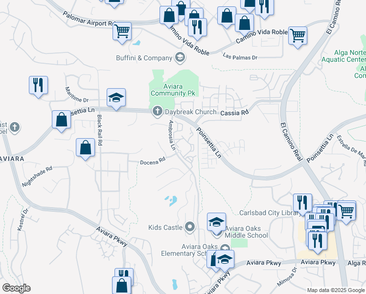 map of restaurants, bars, coffee shops, grocery stores, and more near 6600 Ambrosia Lane in Carlsbad