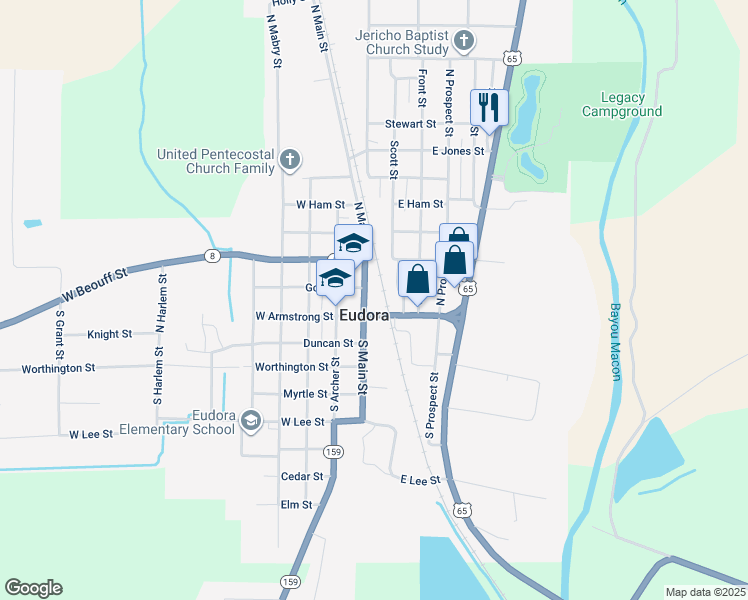 map of restaurants, bars, coffee shops, grocery stores, and more near 133 North Main Street in Eudora