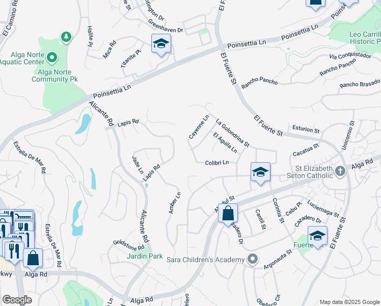map of restaurants, bars, coffee shops, grocery stores, and more near 6502 La Paloma Street in Carlsbad