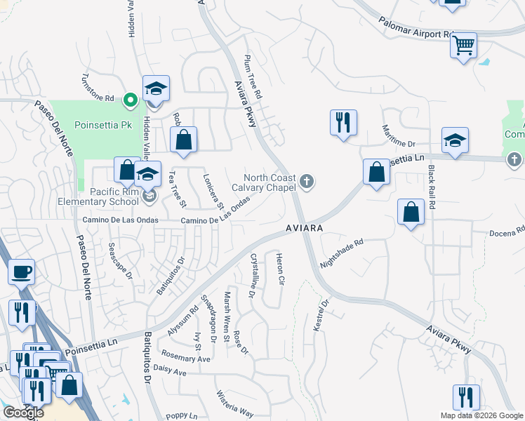map of restaurants, bars, coffee shops, grocery stores, and more near 1265 Veronica Court in Carlsbad