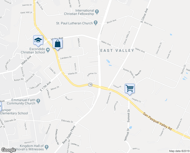map of restaurants, bars, coffee shops, grocery stores, and more near 1293 Palomar Circle in Escondido