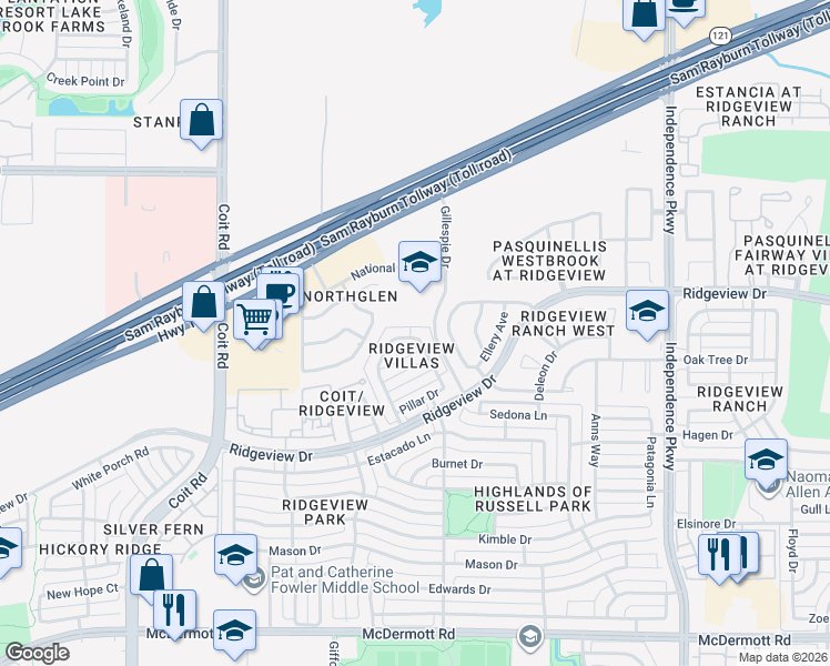 map of restaurants, bars, coffee shops, grocery stores, and more near 9820 De Loach Drive in Plano