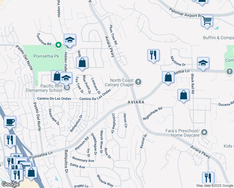 map of restaurants, bars, coffee shops, grocery stores, and more near 1265 Veronica Court in Carlsbad